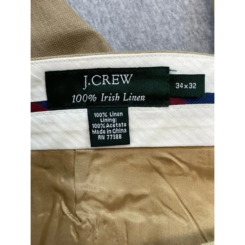 J Crew Pants Mens 34 x 32 Beige 100% Irish Linen Flat Front Dress